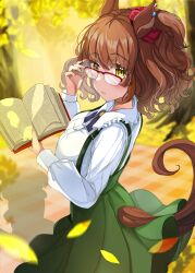 Rule 34 | 1girl, absurdres, adjusting eyewear, animal ears, aston machan (umamusume), autumn leaves, blurry, blurry background, book, breasts, brown hair, clothing cutout, commentary request, cowboy shot, ear ornament, green eyes, hanamura pink, highres, holding, holding book, horse ears, horse girl, horse tail, long sleeves, looking at viewer, medium breasts, medium hair, official alternate costume, outdoors, ponytail, red-framed eyewear, semi-rimless eyewear, solo, tail, tail through clothes, umamusume
