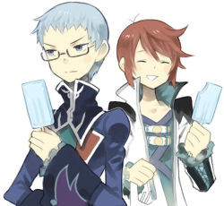Rule 34 | 2boys, asbel lhant, bad id, bad pixiv id, blue eyes, blue hair, brothers, brown hair, food, glasses, hubert ozwell, ice cream, male focus, multiple boys, siblings, smile, tales of (series), tales of graces, white background, zenmai