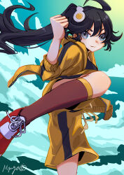 Rule 34 | 1girl, :3, absurdres, ahoge, araragi karen, artist name, black hair, black shirt, brown socks, clenched hand, closed mouth, cloud, commentary, drawstring, egg hair ornament, fighting stance, floating clothes, floating hair, food-themed hair ornament, foot out of frame, foot up, fried egg, from below, gradient sky, green sky, grey eyes, hair between eyes, hair ornament, hand up, highres, hood, hood down, jacket, kicking, kneehighs, light smile, long hair, looking at viewer, monogatari (series), myuga66666, nisemonogatari, open clothes, open jacket, red footwear, shirt, shoes, shorts, side ponytail, signature, single vertical stripe, sky, smile, sneakers, socks, solo, standing, standing on one leg, sun, track jacket, v-shaped eyebrows, yellow jacket, yellow shorts