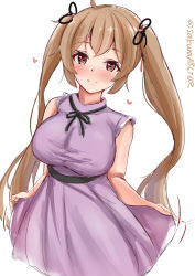 Rule 34 | 1girl, absurdres, brown eyes, cowboy shot, dress, highres, kantai collection, light brown hair, long hair, murasame (kancolle), one-hour drawing challenge, purple dress, sakura ab, simple background, skirt hold, sleeveless, sleeveless dress, solo, twintails, twitter username, white background