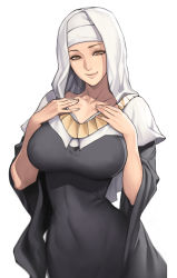 Rule 34 | 1girl, breasts, closed mouth, collarbone, cowboy shot, covered erect nipples, eyebrows, eyeliner, fate/grand order, fate (series), habit, half-closed eyes, hands on own chest, highres, hip focus, large breasts, looking at viewer, makeup, nun, oda non, sessyoin kiara, simple background, smile, solo, standing, upper body, white background, wide sleeves, yellow eyes