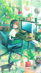 Rule 34 | 1girl, :o, alarm clock, animal, barefoot, blush, brown eyes, brown hair, cactus, cellphone, chair, clock, collared shirt, commentary request, desk, fish, green skirt, hair between eyes, hair ornament, hairclip, hanging plant, highres, ikari (aor3507), indoors, keyboard (computer), long skirt, long sleeves, looking at viewer, monitor, mouse (computer), office chair, original, parted lips, phone, plant, potted plant, shirt, skirt, solo, swivel chair, transparent, twitter username, white shirt