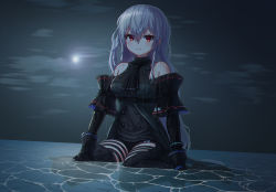Rule 34 | 1girl, arknights, bare shoulders, black footwear, black gloves, black legwear, black shirt, black shorts, black sleeves, breasts, closed mouth, cloud, commentary, detached sleeves, full body, full moon, gloves, grey hair, hair between eyes, highres, long hair, long sleeves, looking at viewer, medium breasts, moon, night, night sky, outdoors, red eyes, shallow water, shirt, shoes, short shorts, shorts, sitting, skadi (arknights), skadi (elite ii) (arknights), sky, sleeveless, sleeveless shirt, solo, stratosphere (coom1017), very long hair, wariza, water, wet, wet clothes, wet shirt