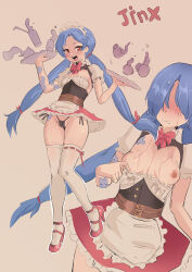 Rule 34 | 1girl, :d, absurdres, apron, arm tattoo, belt, black panties, blue hair, blush, bow, bowtie, breasts, brown background, brown belt, cafin, character name, cloud tattoo, female focus, frilled skirt, frills, full body, highres, jinx (league of legends), league of legends, long hair, maid headdress, miniskirt, multiple views, open mouth, panties, pink skirt, puffy short sleeves, puffy sleeves, red bow, red bowtie, red eyes, red footwear, ribbon-trimmed legwear, ribbon trim, shoes, short sleeves, simple background, skirt, small breasts, smile, tattoo, thighhighs, underwear, waist apron, white thighhighs
