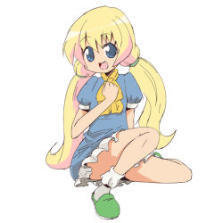 Rule 34 | 1girl, :d, blonde hair, blue dress, blue eyes, bobby socks, child, convenient leg, dress, full body, long hair, looking at viewer, low twintails, nemuro nao, open mouth, pani poni dash!, puffy short sleeves, puffy sleeves, rebecca miyamoto, short sleeves, simple background, sitting, slippers, smile, socks, solo, twintails, white background, white socks