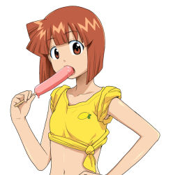 Rule 34 | 1girl, aizawa eiko, brown eyes, brown hair, flat chest, food, hand on own hip, midriff, navel, open mouth, popsicle, sakecho, sexually suggestive, shinryaku! ikamusume, shirt, short hair, sleeves rolled up, solo, tied shirt, upper body, white background