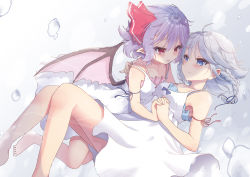 Rule 34 | 2girls, ahoge, arm ribbon, bare arms, bare shoulders, barefoot, bat wings, beni kurage, blue bow, blue eyes, blue hair, blue ribbon, blush, bow, braid, breasts, chemise, collarbone, commentary request, dress, eye contact, feet out of frame, gradient background, grey background, hair between eyes, hair ribbon, highres, holding hands, interlocked fingers, izayoi sakuya, looking at another, lying, medium breasts, multiple girls, no headwear, on back, parted lips, pointy ears, red eyes, red ribbon, remilia scarlet, ribbon, short hair, silver hair, smile, spaghetti strap, thighs, touhou, twin braids, water drop, white dress, wings, yuri