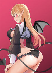 Rule 34 | 1girl, arched back, artist name, arusuko, ass, back, black bra, black panties, blonde hair, bra, breasts, closed mouth, cosplay, demon girl, demon tail, demon wings, frilled panties, frilled shirt collar, frills, hand on own thigh, highres, kitagawa marin, large breasts, long hair, long sleeves, looking at viewer, looking back, panties, pointy ears, profile, red background, red eyes, revealing clothes, rizu-kyun, rizu-kyun (cosplay), shiny skin, simple background, smile, solo, sono bisque doll wa koi wo suru, tail, thighs, tongue, tongue out, twitter username, underwear, very long hair, wings