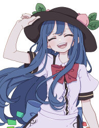 Rule 34 | 1girl, absurdres, black hat, blue hair, blue skirt, blush, buttons, center frills, closed eyes, collared shirt, facing viewer, frills, hat, highres, hinanawi tenshi, kame (kamepan44231), long hair, one-hour drawing challenge, open mouth, puffy short sleeves, puffy sleeves, rainbow order, shirt, short sleeves, simple background, skirt, smile, solo, touhou, upper body, white background, white shirt
