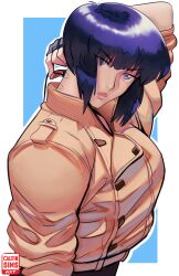 1girl absurdres arm_up black_gloves black_hair blue_eyes brown_jacket calvin_sims fingerless_gloves ghost_in_the_shell gloves highres jacket kusanagi_motoko looking_at_viewer short_hair solo subdermal_port