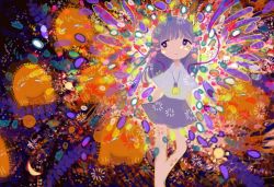Rule 34 | 1girl, abstract, absurdres, collared shirt, colorful, disembodied head, feet out of frame, glowing, half-closed eyes, highres, jewelry, long hair, necklace, no nose, original, planet, purple hair, saturn (planet), shirt, short sleeves, sizucomaru, skirt, white shirt