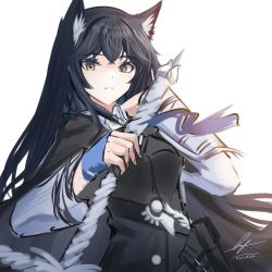 Rule 34 | 1girl, animal ear fluff, animal ears, arknights, black cape, black hair, black jacket, brown eyes, cape, closed mouth, highres, holding, holding sword, holding weapon, jacket, long hair, long sleeves, looking at viewer, signature, simple background, sketch, solo, sword, texas (arknights), texas the omertosa (arknights), twitter username, unitaka, upper body, very long hair, weapon, white background, wolf ears