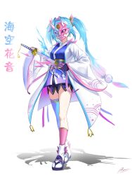 Rule 34 | 1girl, absurdres, asymmetrical legwear, blue fire, commentary, fire, highres, hitatsuphat, holding, holding sword, holding weapon, japanese clothes, katana, kimono, mask, mismatched legwear, misora kanon, multicolored hair, nijigen project, obi, oni mask, pink fire, sandals, sash, sword, vietnamese commentary, virtual youtuber, weapon, zouri