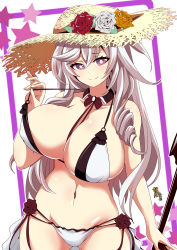 Rule 34 | 1girl, absurdres, algerie (azur lane), algerie (white sand paradise) (azur lane), azur lane, bikini, breasts, brown bikini, covered erect nipples, detached collar, drill hair, drill sidelocks, flower, grey hair, hat, hat flower, highres, huge breasts, long hair, looking at viewer, momohara rile, multi-strapped bikini, multiple straps, official alternate costume, pulled by self, purple eyes, red flower, red rose, rose, shiny skin, sidelocks, simple background, smile, solo, strap pull, straw hat, sun hat, swimsuit, two-tone bikini, white bikini, white flower, white rose, yellow flower, yellow rose