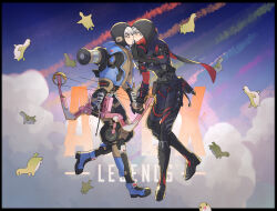 Rule 34 | 2girls, absurdres, animification, apex legends, belt, black belt, black border, black footwear, black gloves, black jacket, black scarf, blue footwear, blue jacket, bocek compound bow, boots, border, bow (weapon), brown gloves, chinese commentary, cloud, contrail, copyright name, deep current wattson, gloves, grey hair, highres, holding, holding bow (weapon), holding hands, holding weapon, hood, hood up, imminent kiss, jacket, logo, multiple girls, nessie (respawn), ninja, official alternate costume, rift stalker wraith, scarf, sky, smile, stuffed toy, tuxiaoning not, wattson (apex legends), weapon, wraith (apex legends), yellow eyes, yuri