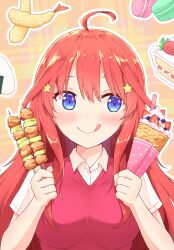 Rule 34 | + +, 1girl, :p, ahoge, blue eyes, blush, breasts, cake, collar, commentary, crepe, eyebrows hidden by hair, eyelashes, food, food-themed background, fruit, go-toubun no hanayome, hair between eyes, hair ornament, hair over breasts, hands up, highres, holding, holding food, kebab, long hair, looking at food, looking to the side, macaron, medium breasts, nakano itsuki, onigiri, plaid, plaid background, profnote, red hair, red sweater vest, shirt, short sleeves, shrimp, shrimp tempura, sidelocks, smile, solo, star (symbol), star hair ornament, strawberry, sweater vest, symbol-only commentary, tehepero, tempura, tongue, tongue out, white collar, white shirt