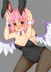 Rule 34 | 1girl, animal ears, bare shoulders, bird wings, blush, bow, bowtie, breasts, brown eyes, cleavage, d:, d:&lt;, daichi (tokoya), detached collar, extra ears, fingernails, highres, leotard, lipstick, long fingernails, looking at viewer, makeup, mystia lorelei, open mouth, pantyhose, pink hair, playboy bunny, rabbit ears, rabbit pose, sharp fingernails, short hair, small breasts, solo, sweat, touhou, v-shaped eyebrows, wings, wrist cuffs