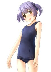 Rule 34 | 1girl, :d, bare arms, bare shoulders, blue one-piece swimsuit, brown eyes, collarbone, commentary request, highres, looking at viewer, old school swimsuit, one-piece swimsuit, open mouth, original, purple hair, school swimsuit, shibacha, simple background, smile, solo, standing, swimsuit, twintails, white background