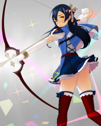 Rule 34 | absurdres, archery, arrow (projectile), blue hair, bow (weapon), braid, commentary request, cross, drawing bow, gloves, hair between eyes, hair ornament, highres, holding, holding bow (weapon), holding weapon, koyaya, long hair, looking at viewer, love live!, love live! school idol festival, love live! school idol project, one eye closed, short sleeves, solo, sonoda umi, weapon, white gloves, yellow eyes