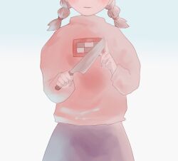 Rule 34 | 1girl, blush, braid, brown hair, commentary, cowboy shot, hand up, head out of frame, highres, holding, holding knife, index finger raised, kitchen knife, knife, long sleeves, madotsuki, medium hair, parted lips, pink sweater, print sweater, purple skirt, simple background, skirt, solo, straight-on, sweater, symbol-only commentary, turtleneck, turtleneck sweater, twin braids, wazuka (wa du ka ), white background, yume nikki