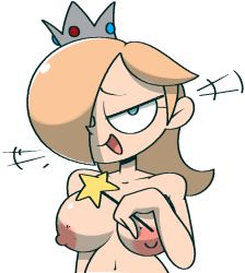 Rule 34 | +++, 1girl, aliasing, blonde hair, blue eyes, breasts, collarbone, completely nude, crown, female focus, grey headwear, hair over one eye, half-closed eyes, hand up, happy, holding, holding wand, large breasts, long hair, looking at viewer, mario (series), navel, nintendo, nipples, nude, open mouth, princess, rosalina, sidelocks, simple background, smile, solo, standing, star (symbol), stomach, super mario bros. 1, super mario galaxy, upper body, vilepluff, wand, white background