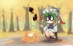 Rule 34 | 1girl, artist name, asymmetrical hair, autumn, autumn leaves, black footwear, black skirt, blouse, blue eyes, blush stickers, burnt, chamaji, commentary request, dated, failure, fire, food, green hair, hat, hat ribbon, long sleeves, mary janes, ribbon, ribbon trim, roasted sweet potato, shaded face, shiki eiki, shirt, shoes, skirt, solo, squatting, sweet potato, touhou, tree, vest, roasted sweet potato