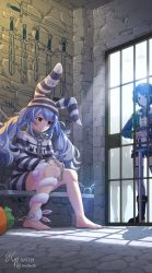 Rule 34 | 3girls, absurdres, animal ears, barefoot, black hair, blue eyes, blue hair, chain, collar, commentary, commentary typo, cuffs, dated, don-chan (usada pekora), empty eyes, english commentary, eyebrows hidden by hair, feet, frown, handcuffs, highres, hololive, khoaphan96, multicolored hair, multiple girls, oozora subaru, oozora subaru (work), orange eyes, prison, prison clothes, rabbit ears, rabbit girl, shackles, shadow, shirt, short shorts, shorts, signature, silk, sitting, spider web, striped clothes, striped headwear, striped shirt, sunlight, suspenders, sword, tally, thighhighs, toes, twitter username, two-tone hair, uruha rushia, usada pekora, usada pekora (prisoner), virtual youtuber, weapon, white hair
