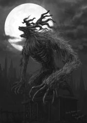 Rule 34 | antlers, artist name, bloodborne, claws, cleric beast, cloud, full body, fur, greyscale, highres, horns, house, monochrome, monster, moon, night, no humans, open mouth, outdoors, sharp teeth, skull, standing, teeth, tripdancer