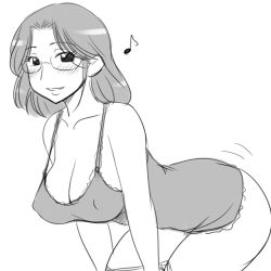 Rule 34 | 1girl, aaaa (quad-a), ass, bad id, bad pixiv id, bent over, black hair, blush, breasts, greyscale, huge ass, large breasts, looking at viewer, mature female, monochrome, musical note, original, simple background, smile, solo, white background