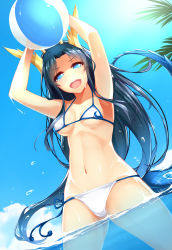 Rule 34 | 1girl, arms up, ball, beach, beachball, bikini, black hair, blue eyes, breasts, dean (momodean), dragon girl, dragon tail, highres, horns, karin (p&amp;d), long hair, looking at viewer, navel, open mouth, outdoors, puzzle &amp; dragons, sky, smile, solo, swimsuit, tail, water