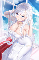 Rule 34 | 1girl, absurdres, armpit crease, arms behind head, arms up, azur lane, back bow, bare shoulders, belfast (azur lane), belfast (the pledge of claddagh) (azur lane), belfast (the pledge of claddagh) (azur lane), blue eyes, blue sky, blush, bow, braid, breasts, bridal veil, broken, broken chain, chain, cleavage, cloud, collar, collarbone, commentary, covered navel, cowboy shot, day, dress, french braid, gold chain, hair between eyes, highres, indoors, jyu-so, large breasts, long dress, long hair, looking at viewer, official alternate costume, open mouth, sidelocks, silver collar, sitting, sky, smile, solo, strapless, strapless dress, teeth, tiara, veil, wedding dress, white bow, white dress, white hair