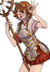 1girl :3 aoi_(yooo009) arched_back arm_up armband armor between_legs breastplate breasts bright_pupils brown_eyes collared_shirt cowlick cuirass diagonal-striped_clothes diagonal-striped_necktie double-parted_bangs eyelashes fang faulds flipped_hair gold_trim green_necktie hair_between_eyes hair_flaps hair_ornament hairpin hand_up highres holding holding_staff legs_together looking_to_the_side megido72 melchom_(megido72) necktie ok_sign open_mouth plaid_clothes plaid_skirt pleated_skirt rectangular_eyewear red-framed_eyewear red_armband red_skirt shakujou shirt simple_background skirt small_breasts staff striped_clothes striped_necktie weapon_between_legs white_background white_pupils white_shirt wing_collar