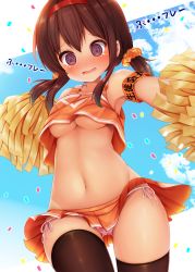 Rule 34 | 1girl, @ @, armband, bare shoulders, black thighhighs, blue sky, blush, breasts, brown eyes, brown hair, cheerleader, cloud, commentary request, confetti, crop top, day, dutch angle, gluteal fold, hair ornament, hair scrunchie, hairband, highres, holding, long hair, low twintails, medium breasts, microskirt, midriff, minato ojitan, navel, no bra, nose blush, orange scrunchie, orange shirt, orange skirt, original, panties, parted lips, pink panties, pleated skirt, pom pom (cheerleading), red hairband, scrunchie, shirt, side-tie panties, skirt, sky, solo, stomach, tank top, thighhighs, thighs, translation request, twintails, underboob, underwear