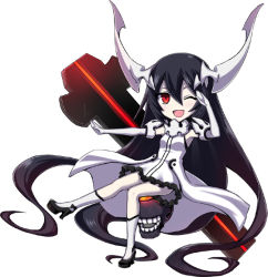 Rule 34 | 10s, 1girl, ;d, ^ ^, abyssal ship, anchorage water oni, black hair, chibi, closed eyes, dress, high heels, horns, kantai collection, long hair, minarai, one eye closed, open mouth, red eyes, simple background, smile, solo, very long hair, white dress