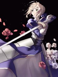Rule 34 | 1girl, armor, armored dress, artoria pendragon (all), artoria pendragon (fate), black background, blonde hair, blue ribbon, braid, breastplate, coco (27192440), crown braid, excalibur (fate/stay night), fate/grand order, fate/stay night, fate (series), flower, french braid, gauntlets, green eyes, highres, juliet sleeves, long sleeves, looking to the side, puffy sleeves, ribbon, rose, saber (fate), solo, sword, weapon, white flower, white rose