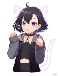 Rule 34 | 1other, :o, ahoge, androgynous, black collar, black hair, black jacket, black shirt, collar, collarbone, cropped torso, drawn ears, drawn tail, drawn whiskers, ear piercing, earrings, hair between eyes, hair ornament, hairclip, hands up, highres, indie virtual youtuber, jacket, jewelry, long sleeves, looking at viewer, male focus, o-ring, o-ring top, ooedo yuu, open clothes, open jacket, outline, paw pose, piercing, purple eyes, purple outline, sakura chiyo (konachi000), shirt, signature, simple background, sleeves past wrists, solo, sparkle, stud earrings, teeth, trap, upper body, upper teeth only, virtual youtuber, white background