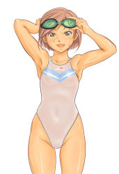 Rule 34 | 1girl, armpits, bad id, bad pixiv id, bob cut, brown hair, competition swimsuit, ellesse, goggles, goggles on head, green eyes, navel, one-piece swimsuit, open mouth, pussy, see-through, shoko (moccom), short hair, simple background, smile, solo, standing, swimsuit, uncensored, wet