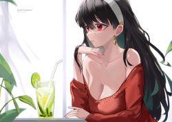 Rule 34 | 1girl, bare shoulders, black hair, breasts, chinese commentary, cleavage, closed mouth, collarbone, commentary request, cup, drinking glass, drinking straw, earrings, elbow rest, english text, expressionless, food, from side, fruit, gold earrings, hair between eyes, hair down, hairband, head rest, highres, ice, ice cube, jewelry, large breasts, leaf, lime (fruit), lime slice, long hair, looking ahead, mixed-language commentary, mumu mago, off-shoulder sweater, off shoulder, parted lips, partial commentary, red eyes, revision, sitting, solo, spy x family, sweater, table, twitter username, upper body, white hairband, yor briar