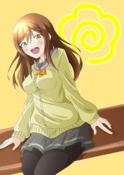 Rule 34 | 1girl, artist name, artist request, black pantyhose, blush, bow, bowtie, breasts, brown eyes, brown hair, buttons, cardigan, collarbone, eyebrows, female focus, floating hair, grey sailor collar, grey skirt, hair between eyes, highres, kunikida hanamaru, layered skirt, light brown hair, long hair, long sleeves, looking at viewer, love live!, love live! sunshine!!, medium breasts, miniskirt, orange background, orange bow, outstretched arms, pantyhose, parted lips, plaid, plaid skirt, pleated, pleated skirt, sailor collar, school uniform, skirt, sleeves past wrists, smile, solo, sweater, uranohoshi school uniform, wavy hair, yellow cardigan, yellow eyes, yellow sweater