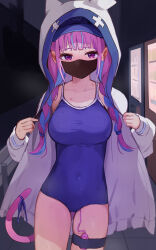 Rule 34 | 1girl, absurdres, blue hair, blue one-piece swimsuit, blush, braid, breasts, covered mouth, cowboy shot, highres, hololive, hood, hood up, hooded jacket, jacket, large breasts, long hair, long sleeves, looking at viewer, mask, minato aqua, mouth mask, multicolored hair, namama (namama82), one-piece swimsuit, open clothes, open jacket, pink hair, purple eyes, sex toy, solo, swimsuit, thigh strap, twin braids, two-tone hair, vibrator, vibrator in thigh strap, virtual youtuber, white jacket