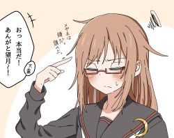 Rule 34 | 1girl, black serafuku, brown hair, closed eyes, commentary request, crescent, crescent pin, glasses, highres, kantai collection, kirisaki seeker, long hair, messy hair, mochizuki (kancolle), necktie, pointing, pointing at self, red-framed eyewear, school uniform, serafuku, solo, translation request, upper body, white necktie