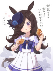 Rule 34 | 1girl, :o, animal ears, black hair, blue bow, blue flower, blue hat, blue rose, blush, bow, bread, commentary request, floral background, flower, food, frilled skirt, frills, gradient background, grey background, hair over one eye, hat, hat flower, head tilt, heart, highres, holding, holding food, horse ears, horse girl, horse tail, long hair, looking at viewer, nut megu, parted lips, pleated skirt, puffy short sleeves, puffy sleeves, purple eyes, purple shirt, rice shower (umamusume), rose, school uniform, shirt, short sleeves, signature, skirt, solo, tail, tilted headwear, translation request, umamusume, very long hair, white background, white skirt