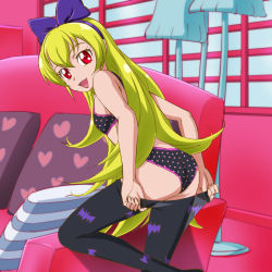 Rule 34 | 1girl, animal print, ass, bad id, bad pixiv id, bat print, blonde hair, bow, bra, clothes pull, couch, dokidoki! precure, hair bow, highres, long hair, looking back, md5 mismatch, mont blanc (heartcatch ayaya), panties, pantyhose, pantyhose pull, patterned legwear, pillow, polka dot, polka dot panties, precure, print pantyhose, red eyes, regina (dokidoki! precure), smile, solo, underwear, underwear only, undressing