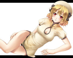 Rule 34 | 1girl, arm support, bad id, bad pixiv id, blonde hair, blush, bow, breasts, china dress, chinese clothes, cleavage cutout, clothing cutout, dress, drill hair, eyeshadow, female focus, hair bow, hat, legs, letterboxed, luna child, lying, makeup, mochi.f, aged up, on side, oriental sacred place, red eyes, short hair, solo, thigh gap, touhou