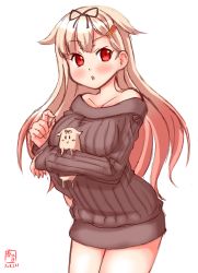 Rule 34 | 1girl, alternate costume, blonde hair, brown sweater, commentary request, cowboy shot, dated, hair flaps, hair ornament, hairclip, highres, kanon (kurogane knights), kantai collection, logo, long hair, looking at viewer, open mouth, red eyes, simple background, sweater, the yuudachi-like creature, white background, yuudachi (kancolle)