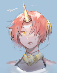 Rule 34 | 1girl, blue background, bright pupils, fate/grand order, fate (series), frankenstein&#039;s monster (fate), hair over one eye, headgear, horns, idk-kun, looking at viewer, open mouth, portrait, red hair, short hair, simple background, single horn, solo, upper body, yellow eyes
