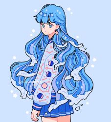 Rule 34 | 1girl, blue background, blue eyes, blue hair, blue jacket, blue skirt, blue theme, constellation print, cowboy shot, earrings, emily kim, from side, highres, jacket, jewelry, letterman jacket, light frown, liquid hair, long hair, looking at viewer, moon phases, original, pleated skirt, shell, shell earrings, simple background, skirt, solo, sparkle, star (symbol), water, wavy hair