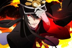 Rule 34 | 1672, 1boy, adjusting clothes, adjusting headwear, fate/grand order, fate (series), fire, flaming hair, gloves, hair between eyes, hat, hat over one eye, long hair, looking at viewer, male focus, military, military uniform, oda nobukatsu (fate), oda nobuyuki (fate/grand order), parted lips, ponytail, red eyes, shako cap, sidelocks, smile, solo, twitter username, uniform, upper body, white gloves
