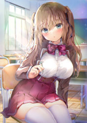 Rule 34 | 1girl, arm support, blush, breasts, brown hair, brown jacket, chair, chalkboard, classroom, commentary request, curtains, desk, flower, green eyes, hair between eyes, hair ribbon, highres, holding, holding flower, jacket, kino (kino konomi), large breasts, long hair, long sleeves, looking at viewer, nail polish, original, parted lips, pleated skirt, red eyes, red skirt, ribbon, school chair, school desk, school uniform, shirt, sitting, skirt, solo, sunlight, thighhighs, thighs, white shirt, white thighhighs, window, wooden floor, zettai ryouiki