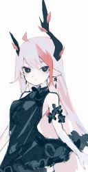 Rule 34 | 1girl, ahoge, asymmetrical horns, bare shoulders, black dress, black eyes, closed mouth, dress, earrings, fingernails, highres, horns, jewelry, looking at viewer, migihidari (puwako), multicolored hair, nail polish, original, pink hair, pointy ears, red hair, red nails, red pupils, short dress, solo, streaked hair, uneven horns